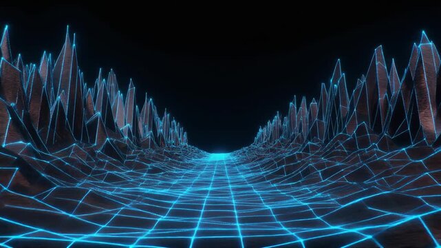 Futuristic Neon Grid Landscape Abstract Digital Wireframe Mountain Tunnel