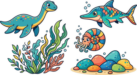 Obraz premium Cute prehistoric marine dinosaur and sea creature cartoon set with underwater plants and stones