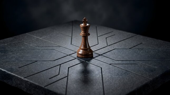 Concept shot of a wooden king chess piece placed on a dark patterned stone surface, symbolizing strategy, leadership, and decision making.
