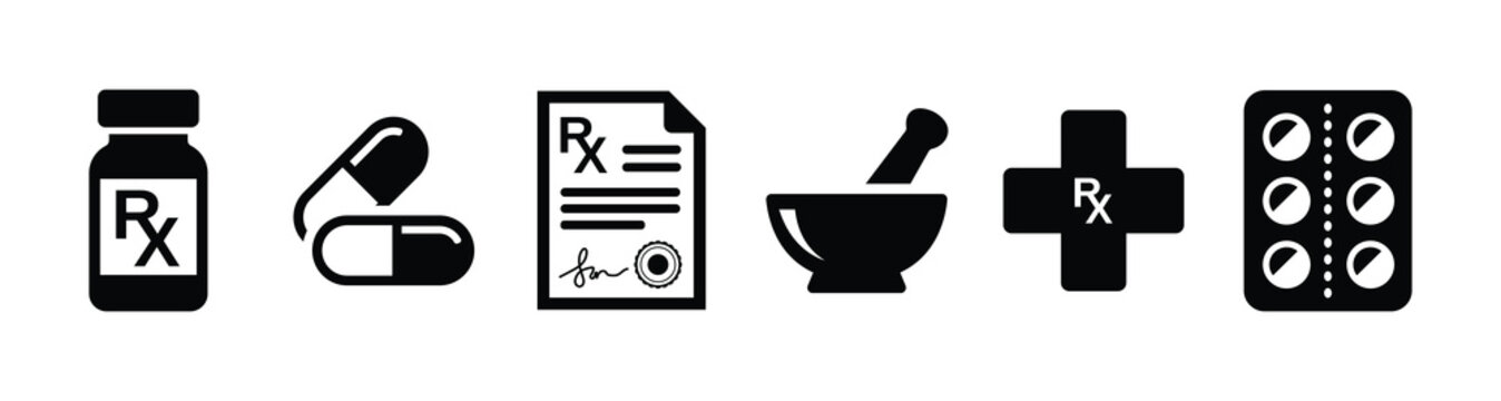 Set of black and white pharmacy and medical icons representing healthcare medication and prescription drug services
