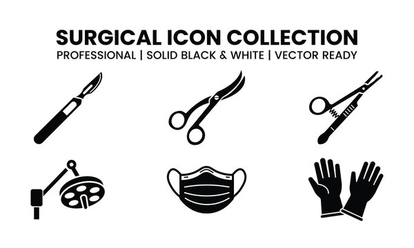 Set of black and white surgical instrument icons including medical tools protective gear and clinical equipment graphics
