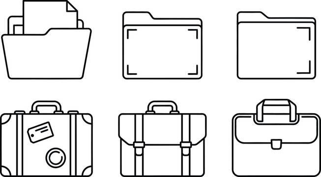 Document folder and business briefcase line art icon set featuring archive storage and travel luggage on white background