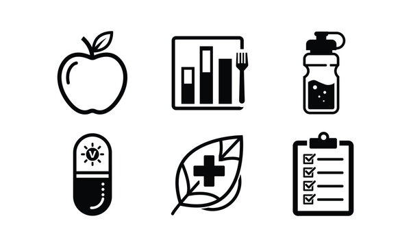 Set of black and white health and fitness icons representing nutrition diet medicine and wellness tracking