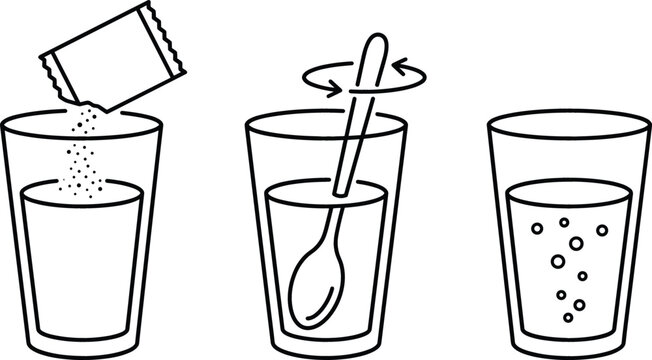 Effervescent drink preparation steps vector icon set showing powder pouring stirring spoon and bubbles on white background