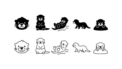 Fototapeta premium Sea Otter Icon Set in Silhouette and Line Art Style