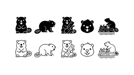 Fototapeta premium Beaver Icon Set in Silhouette and Line Art Style
