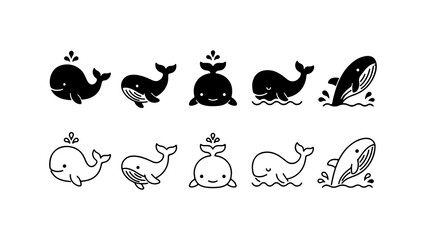 Fototapeta premium Cute Whale Icon Set in Silhouette and Line Art Style