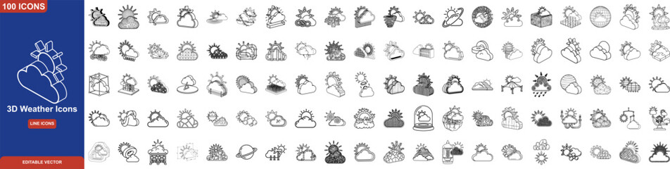 Fototapeta premium 3d Weather Sun and Cloud Icon Set Featuring Isometric Perspective, Wireframe Mesh, Low Poly Geometry, and Volumetric Meteorological Symbols
