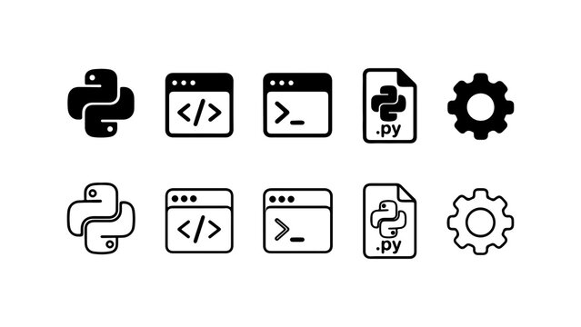 Python Programming Language and Development Tools Icon Set in Solid and Outline Style