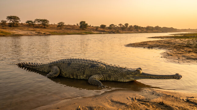 Gharial Crocodile Emerging from Water Onto Sandy Shore at Golden Hour Sunset