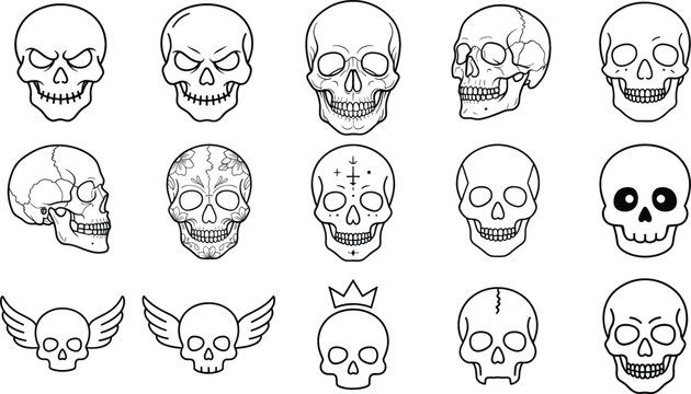 Human skull line art icon set featuring spooky gothic grim skeleton heads sugar masks and winged horror elements