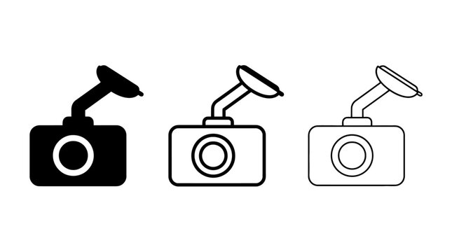 Dashcam icon set with vehicle dashboard camera recorder and suction mount variants for car security surveillance and traffic monitoring