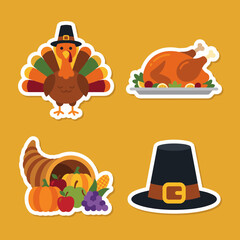 Fototapeta premium Set of cute Thanksgiving stickers featuring a turkey, roasted chicken, cornucopia, and pilgrim hat.