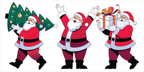 Naklejka premium Christmas Santa Claus Character Collection, Cheerful Santa Illustrations with Christmas Tree, Gifts and Holiday Decorations
