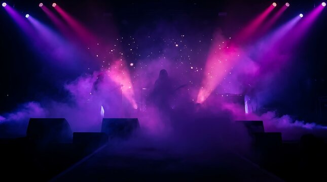 Concert stage with vibrant purple and pink spotlights and heavy atmospheric stage fog