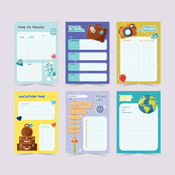 Travel planner layout with destination lists schedules and vacation notes vector illustration schedule tourism itinerary