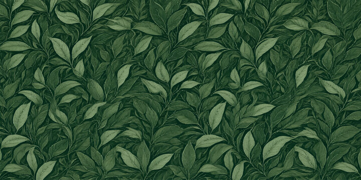 Dense repeating pattern of green leaves forming a natural canopy with botanical seamless background environment tropical wallpaper illustration ornament decoration creative freshness