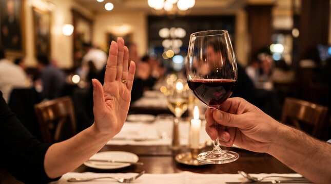 Woman refusing red wine glass at elegant restaurant dinner