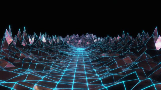 Abstract digital synthwave landscape with glowing blue wireframe grid and low-poly crystals against a dark background