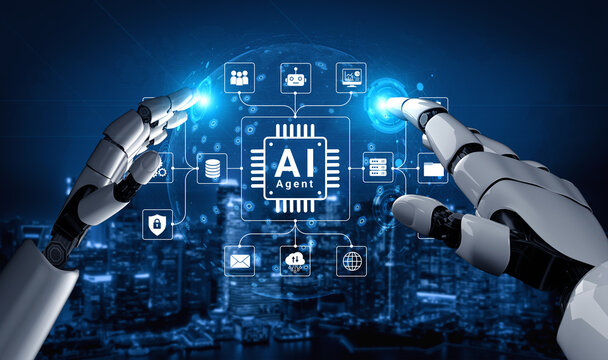 Futuristic Robot Hands Interacting with AI Technology Interface in a Modern Digital Cityscape Background. Glyphic.