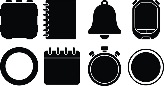 Time management and productivity icon silhouette set featuring calendar, stopwatch, bell, and notebook elements