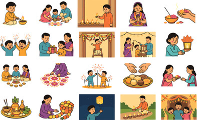 Fototapeta premium Diwali Festival Celebration Family Scenes Stickers Collection indian Hindu Festival Lights Rangoli Sweets Prayer