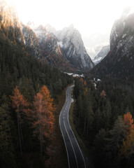 Fototapeta premium Drone shot of the road in Dolomites, Italy