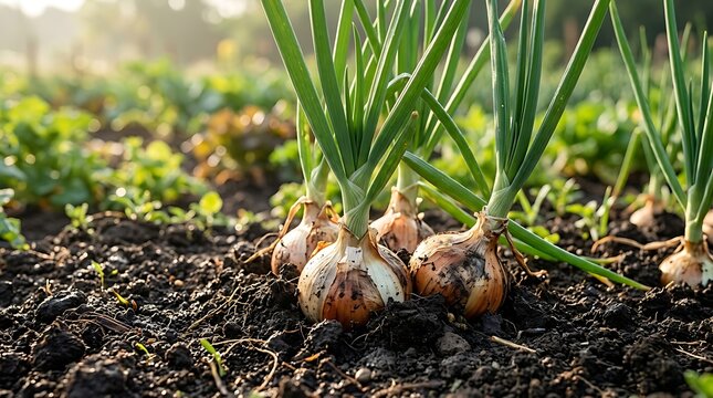 Fresh green onion plants with bulbs growing in dark soil in a vegetable garden during the daytime