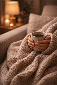 Hands wrapped in a warm knitted blanket holding a cup of hot tea, cozy winter comfort and relaxation concept, AI-generated image