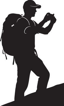 Black silhouette of traveler with backpack taking photo on camera