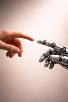Steel robotic hand and human hand touching fingertips with their index fingers, symbolizing the connection between humans and artificial intelligence, AI-generated image