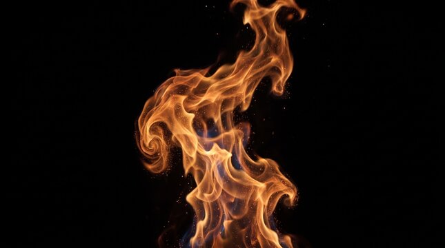 Llamas ardientes de fuego con chispas brillantes y remolinos de calor elev&aacute;ndose sobre un fondo negro profundo.