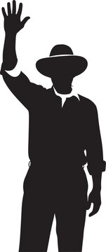 Black silhouette of man wearing hat and waving hand with silhouette