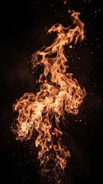 Llamas ardientes de fuego con chispas brillantes y remolinos de calor elev&aacute;ndose sobre un fondo negro profundo.