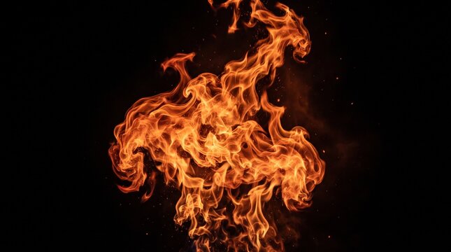 Llamas ardientes de fuego con chispas brillantes y remolinos de calor elev&aacute;ndose sobre un fondo negro profundo.