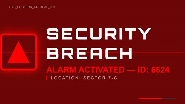 Dynamic digital security breach alert with flashing warning icon and evolving alarm IDs, on a dark grid background, symbolizing system failure, emergency response, and cyber threat detection