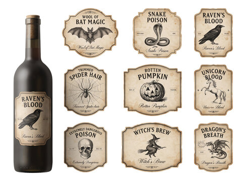 Vintage Halloween October Apothecary Potion Bottle And Labels Set Isolated On Transparent Background - Raven's Blood, Bat Magic, Snake, Spider, Pumpkin, Unicorn, Skull, Witch, And Dragon