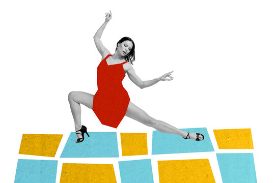 Contemporary art banner collage of serious sexy woman wear red short dress do twine dancehall club occasion celebration disco