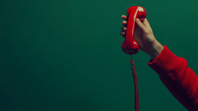 Close up of a hand holding a red telephone receiver on green backdrop with receiver handset vintage phone retro handset green background red object