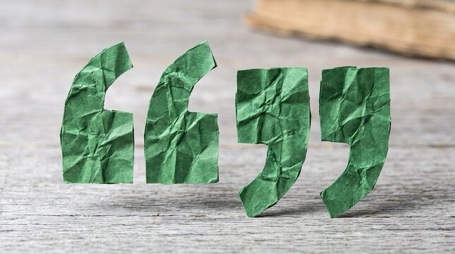 Green crumpled paper quotation marks on a rustic wooden background for editorial design
