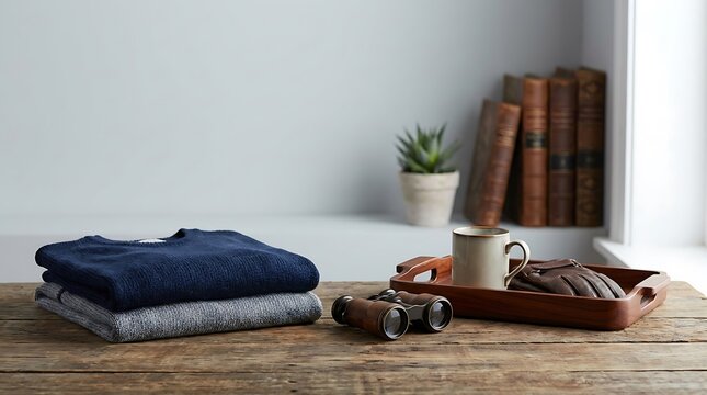 Folded sweaters with coffee and vintage binoculars on a rustic wooden table for Father Day