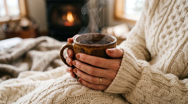 Woman in cozy sweater holding a steaming mug of hot coffee by a warm fireplace at home.