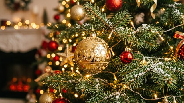 Decorated Christmas tree with golden ornaments and glowing fairy lights in a cozy home