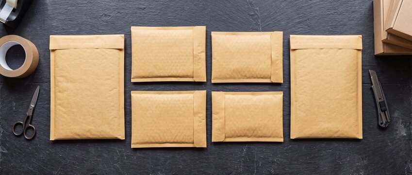 Kraft paper bubble mailers and packaging tools on dark slate background provide professional flat lay composition for ecommerce shipping