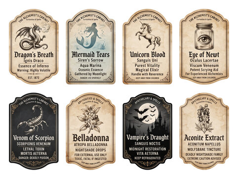 Vintage Halloween October Apothecary Potion Labels Set Isolated On Transparent Background - Dragon, Mermaid, Unicorn, And Vampire Elixirs