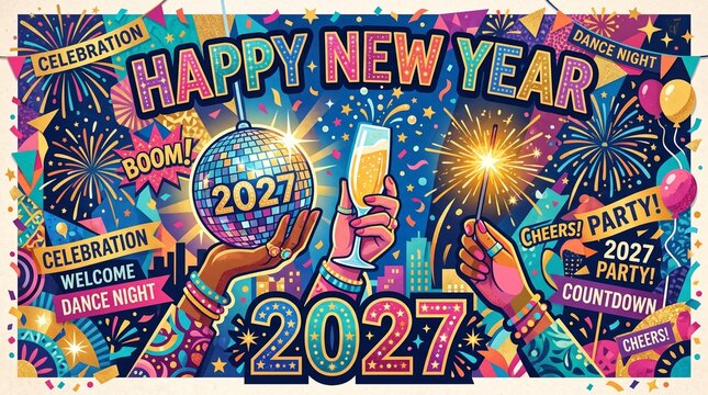 Happy New Year 2027 celebration banner with disco ball and champagne toast illustration