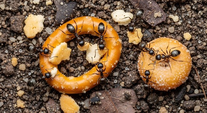 Group of ants swarming and eating a pretzel and cracker on the ground