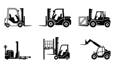 Forklift truck icons set for warehouse logistics and industrial cargo transport isolated on gray transparent background. © Reazul