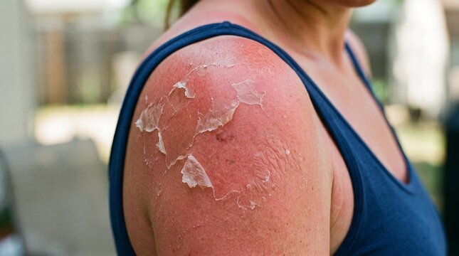 Woman with severe sunburn and peeling skin on shoulder after excessive sun exposure