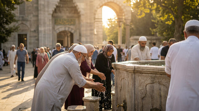 Muslims Performing Ablution at Fountain Outside Mosque at Sunset